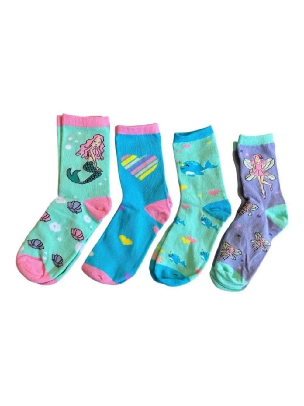 Kids 4-Pack Mermaid & Fairy Crew Socks - Pink, Teal, Blue, Purple